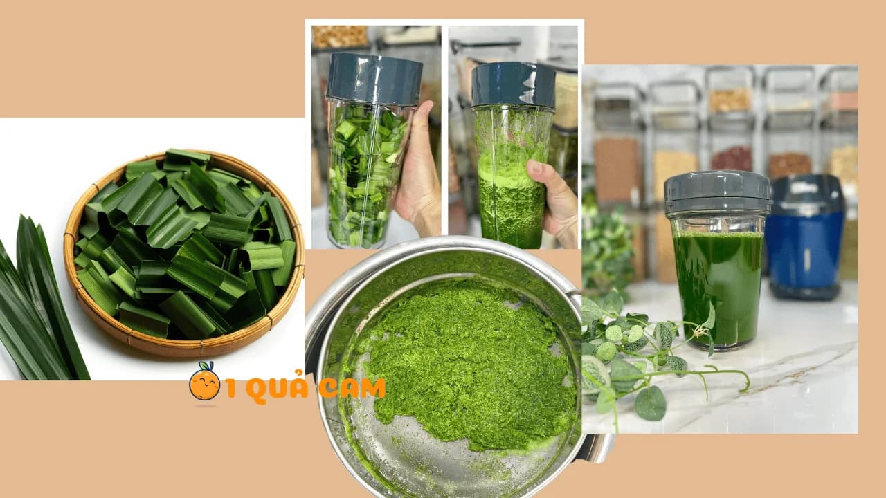 Các bước xử lý lá dứa: lá cắt khúc trong bát gỗ, xay trong cối, và nồi nước lá dứa xanh sau khi lọc