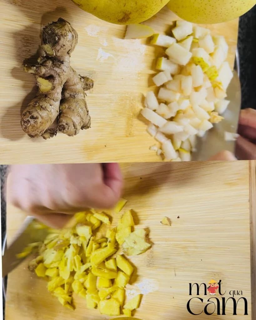 Lê gừng rửa sạch cắt nhỏ. Lê cắt hạt lựu còn gừng mình băm nhỏ để nấu ra hết mùi thơm và cả chất.
