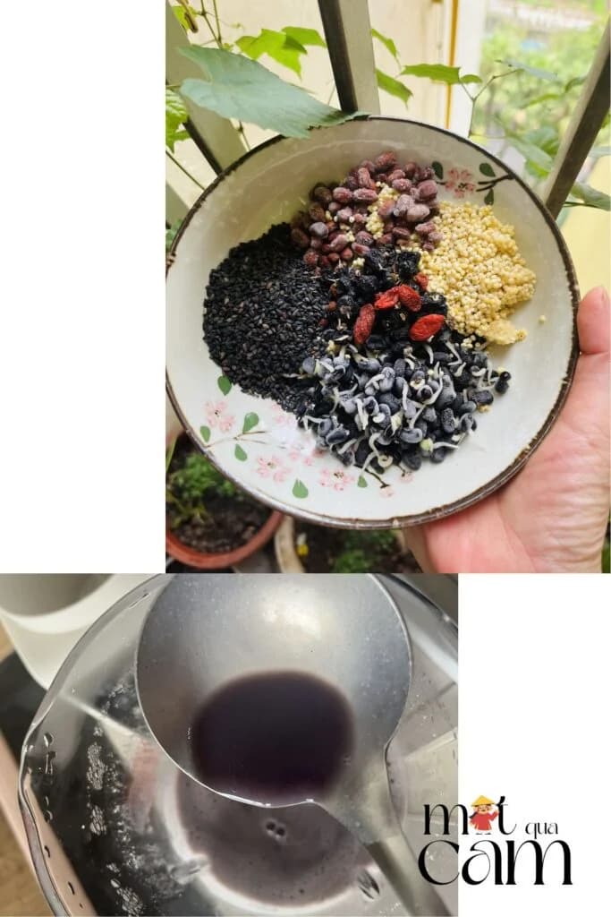 Đĩa mè đen, đậu đỏ, đậu đen nảy mầm và kỷ tử; bên dưới là ca sữa màu tím sẫm