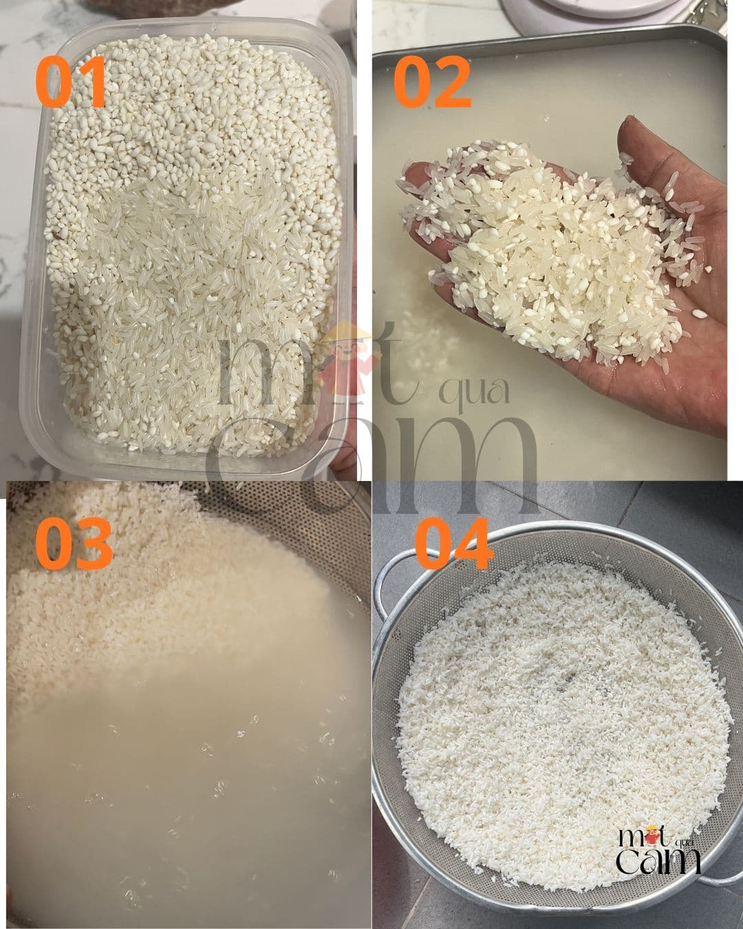 Gạo được mix giữa gạo tẻ và gạo nếp sau đó mang vo sạch, ngâm 2h rồi phơi nắng cho khô sau đó mới mang đi rang giúp gạo nở đều, thơm và mịn khi làm sữa. 