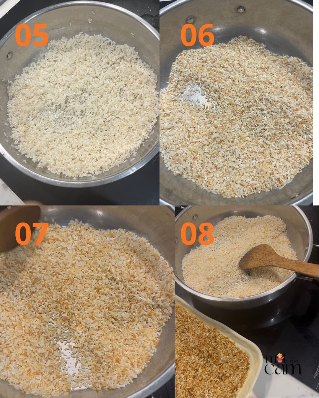 Sau khi phơi gạo thì mang đi rang, gạo sẽ nổ tanh tách rất thơm. Rang đến khi vàng ruộm cánh gián là được 